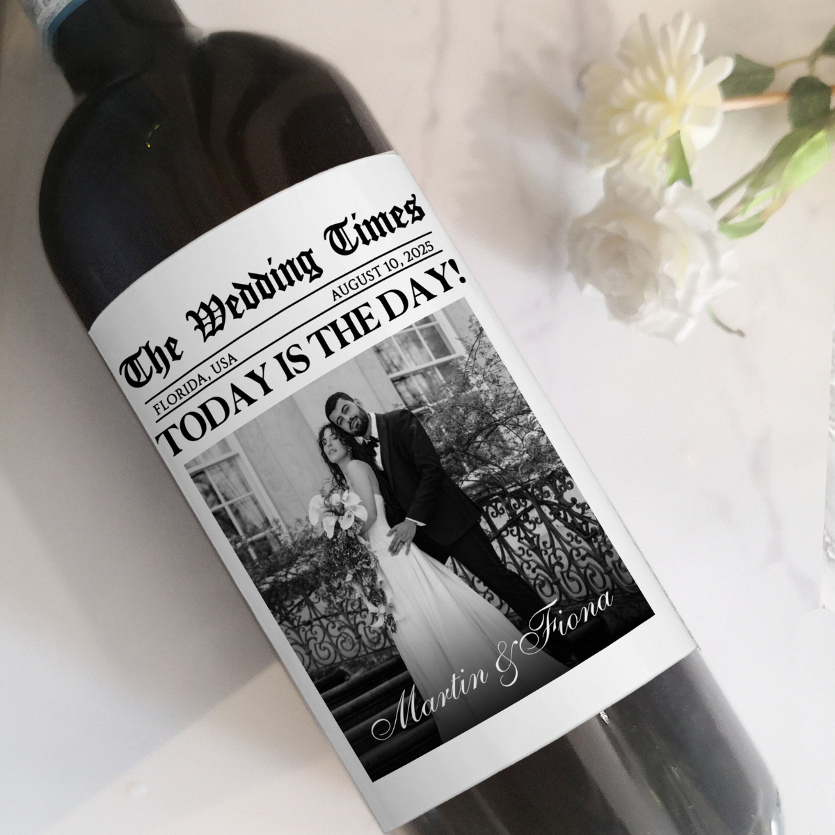 The Wedding Times Newspaper Custom Photo Wine Label Wedding Gift for Couples, Engagement Gifts, Anniversary Gift, Custom Wedding Day Champagne Labels
