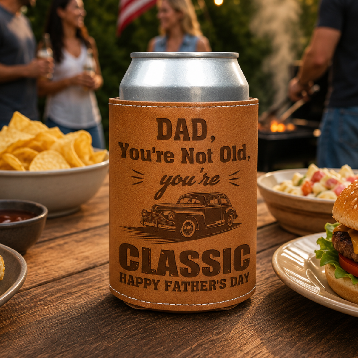 Dad You're Classic - Personalized Leather Can Cooler - Gift For Dad, Grandpa, Father's Day Gift