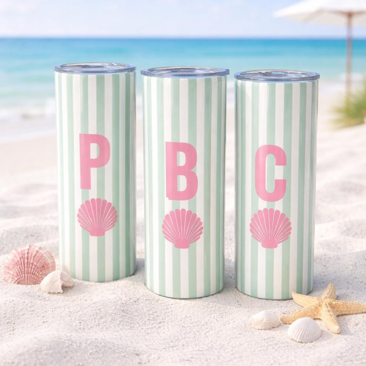 Vacation Tumblers, Seashell Personalized Beach Girls Trip Cups, Beach Bachelorette, Family Vacation Tumblers with initials Cabana Stripe