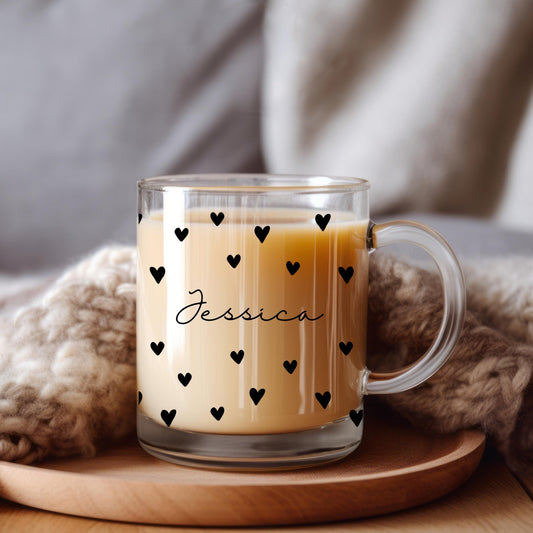 Personalised Glass Heart Mug, Clear Heart Mug, Name Mug, Heart Mug, Gift For Friend, Daughter Mug, Girlfriend Mug