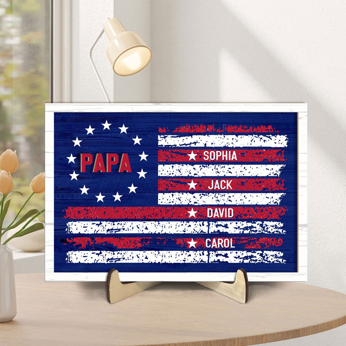 Personalized Dad Wooden Plaque, Custom Kid's Names Wooden Sign, America Flag Blue Line Wood Sign, Independence Day Gift for Dad, Grandpa