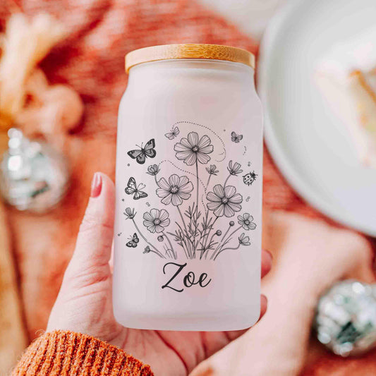 Personalized Birthflower Glass Tumbler, Birth Month Flower Glass Cup, Birthday Gift Iced Coffee Cup