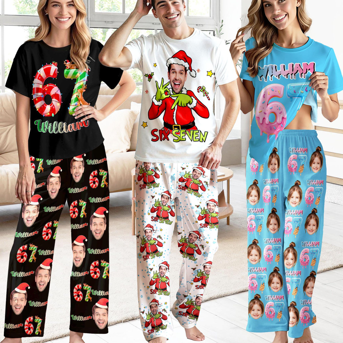 Custom 67 Meme Pajamas Pants, Personalized Photo Christmas Pants