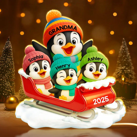 3D Effect Cute Grandma Grandkids Penguin On Sleigh - Personalized Acrylic Light Box - Christmas Gift For Grandma