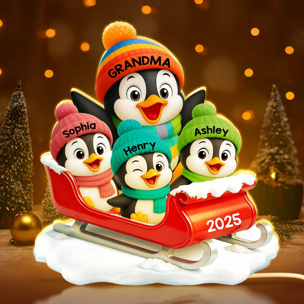 3D Effect Cute Grandma Grandkids Penguin On Sleigh - Personalized Acrylic Light Box - Christmas Gift For Grandma