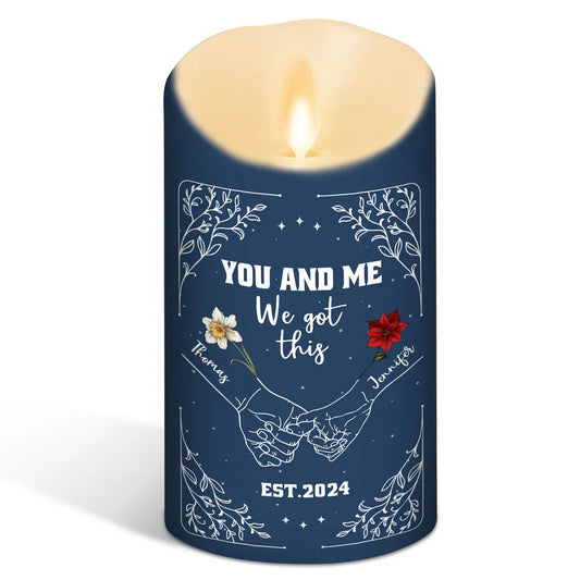 Birth Flower Hands In Hands - Personalized LED Flameless Candle - Anniversary Gift, Valentine's Day Gift For Couple