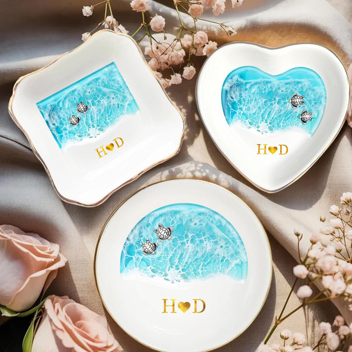 Custom Sea Turtle Couple Ring Dish, Wedding Anniversary Gift, Ocean Jewelry Tray, Engagement Gift, Couples Gift, Wedding Party Favors