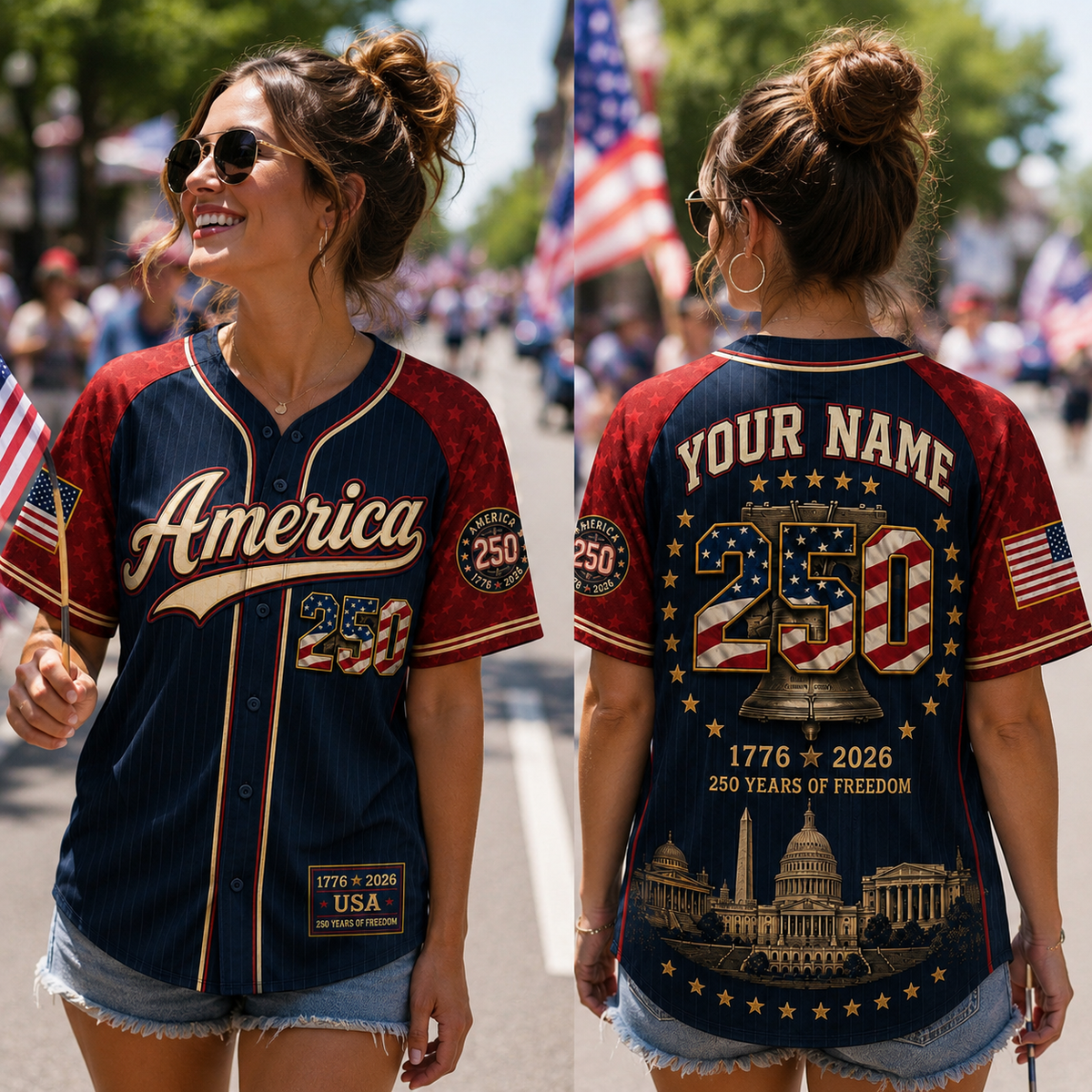 Personalized America 250 Baseball Jersey, Custom Name Number USA 1776 2026 Jersey, Patriotic Liberty Bell Shirt, 4th of July Gift