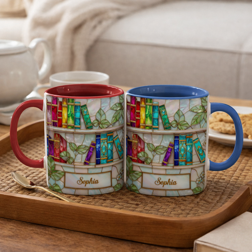 Personalized Stained Glass Bookshelf Ceramic Mug, Custom Name Mug For Book Lovers, Book Gift
