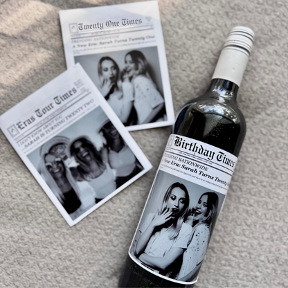 Personalized Birthday Gift, Graduation, Bachelorette, Bottle Labels for Wine, Champagne, Times Newspaper Photo