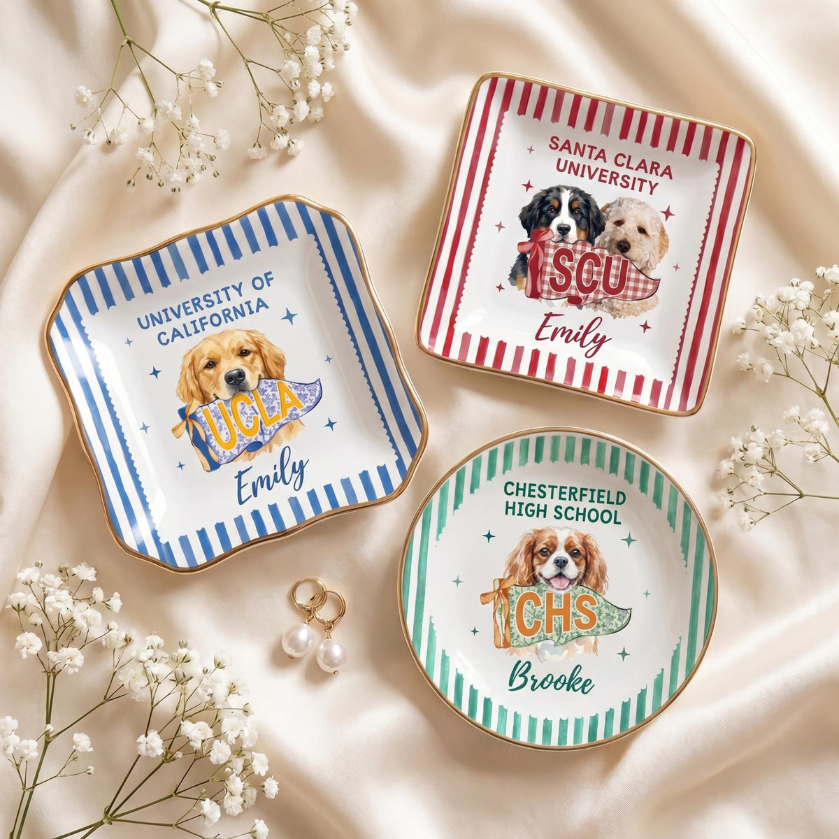 Custom College Pet Portrait Ring Dish, Personalized University Jewelry Tray, Small Graduation Gift for Girls, College Dorm Room Desk Decor