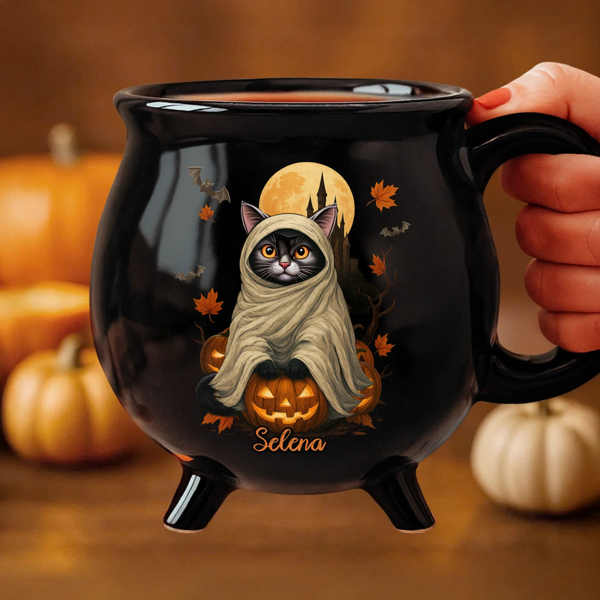 Witchy Cat Vibe - Personalized Halloween Black Ceramic Witch Mug - Halloween Gift For Family, Sisters, Friends, Siblings