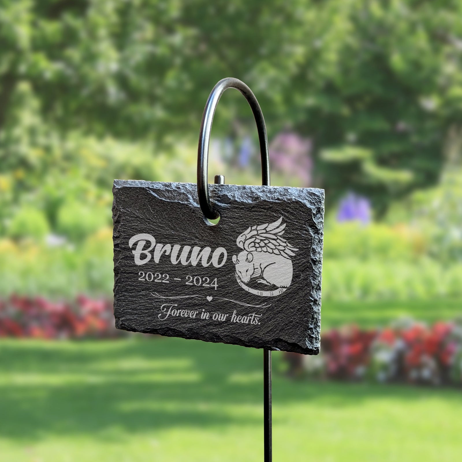 Custom Tall Hanging Rat Memorial Plaque, Slate Sign and Stainless Steel Stake Marker