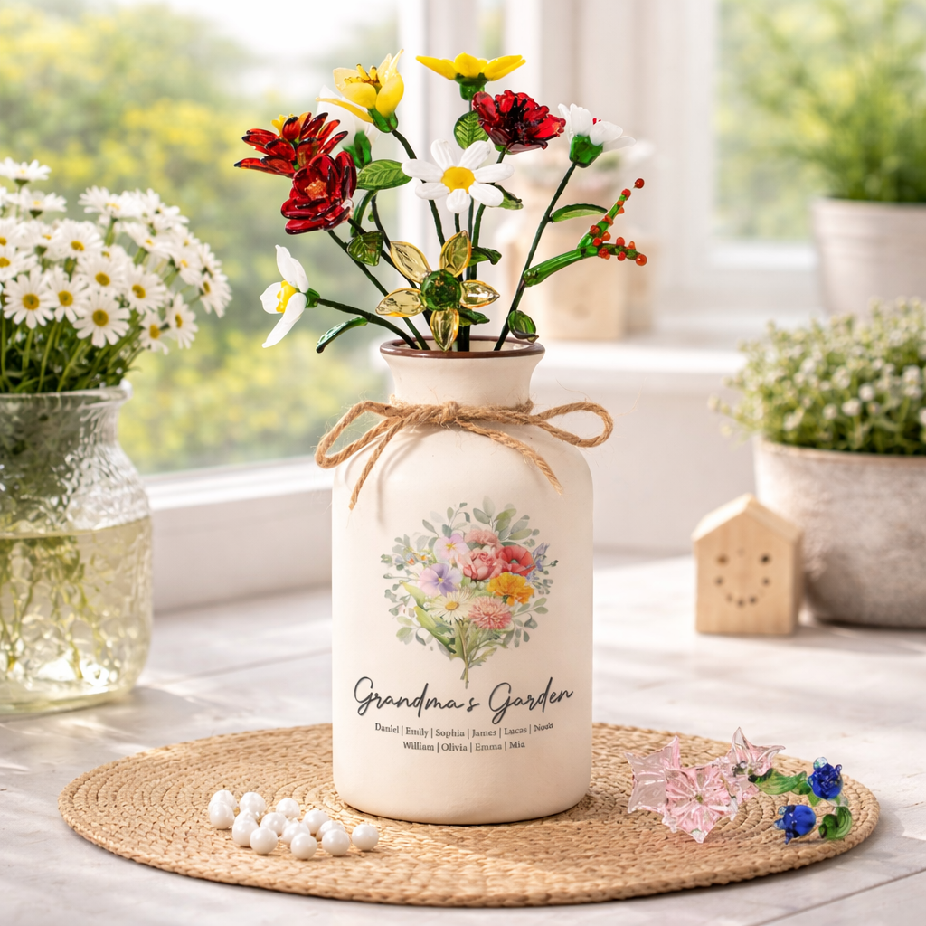 Family Birth Flower Bouquet Flowers - Personalized Ceramic Vase - Gift For Mom, Grandma, Family