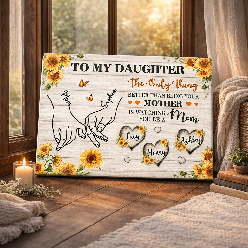 Sunflower To My Daughter Mom And Daughter Holding Hands Custom Kids Names - Personalized Canvas - Mother's Day Gift For Daughter