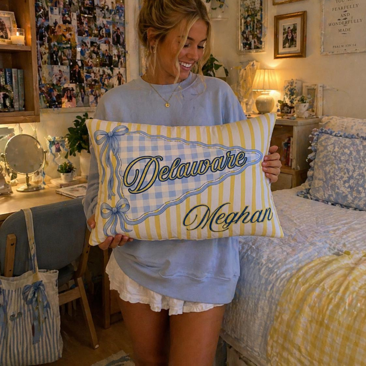 Personalized College Pillow, Custom Name Dorm Decor, Preppy Bow Pennant Pillow, Graduation Gift College Bound Gift, Custom Any School