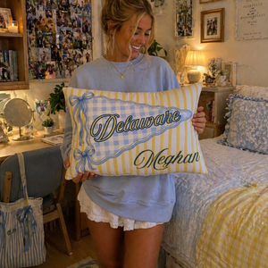 Personalized College Pillow, Custom Name Dorm Decor, Preppy Bow Pennant Pillow, Graduation Gift College Bound Gift, Custom Any School