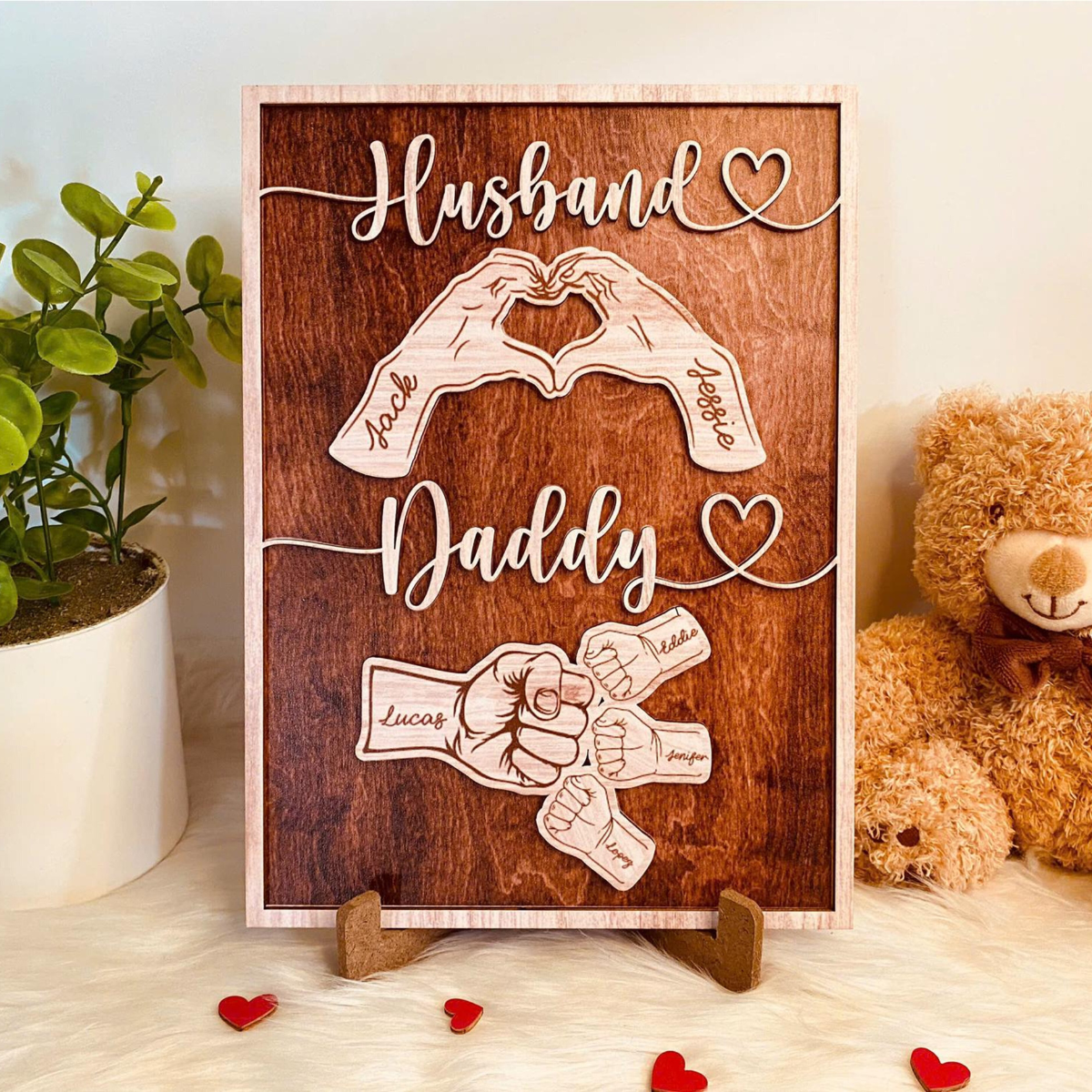 Personalized Dad Wooden Sign, Custom Kid's Name Wooden Sign, Fist Bump Husband Wood Sign, Father's Day 2025 Gift For Dad