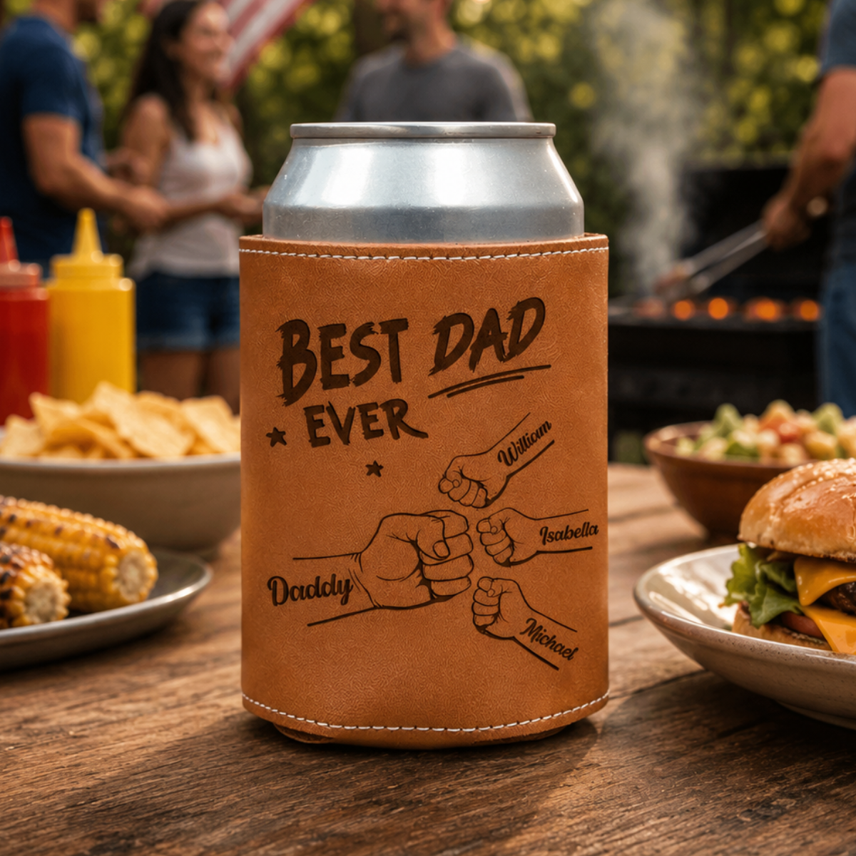 Dad Grandpa & Kid Fist Bump - Personalized Leather Can Cooler - Gift For Dad, Grandpa, Father's Day
