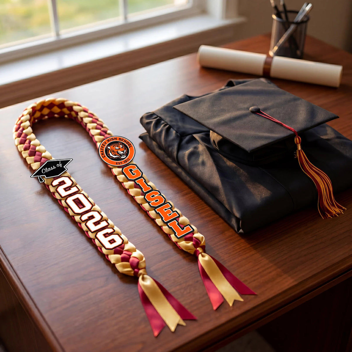 Personalized Graduation Lei with Name + School Mascot/Logo, Satin Grad Lei, Class of 2026 Senior Graduation Gift, Class of 2026 Grad Gift