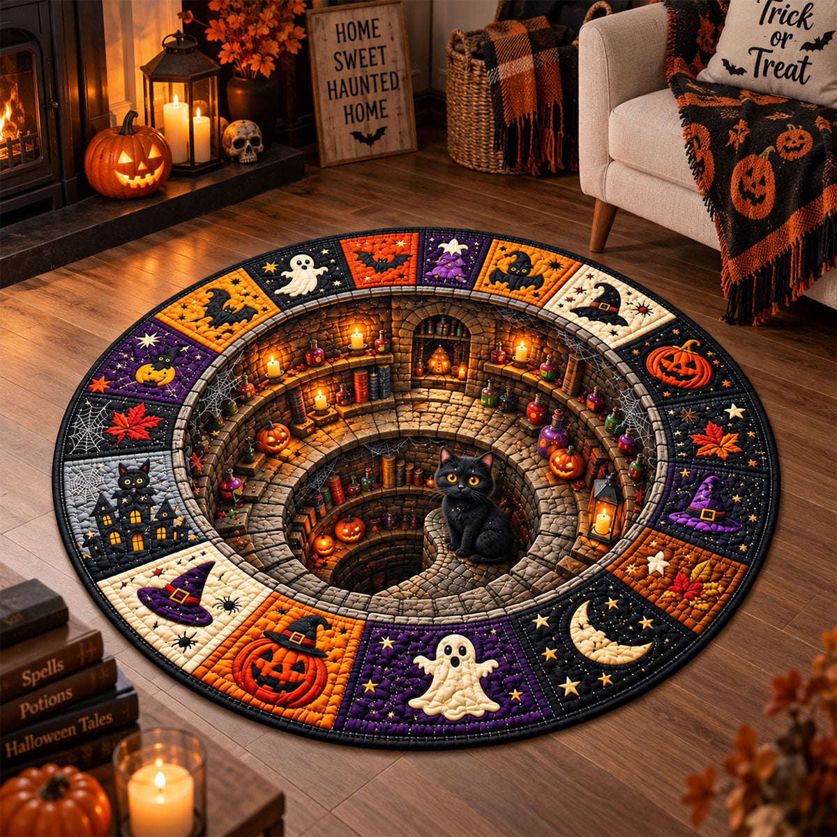 Halloween Round Quilted Rug, 3D Spooky Dungeon Illusion Rug, Ghost and Pumpkin Rug