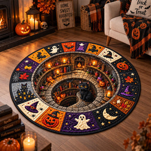 Halloween Round Quilted Rug, 3D Spooky Dungeon Illusion Rug, Ghost and Pumpkin Rug