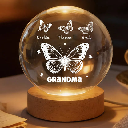 Grandma Mom Butterflies Custom Kids Names - Personalized Crystal Ball LED Night Light - Gift For Grandma, Mom