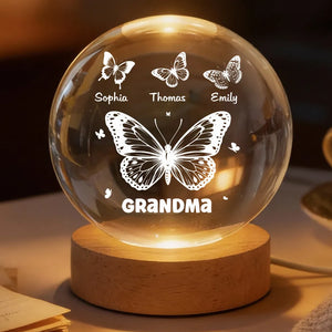 Grandma Mom Butterflies Custom Kids Names - Personalized Crystal Ball LED Night Light - Gift For Grandma, Mom