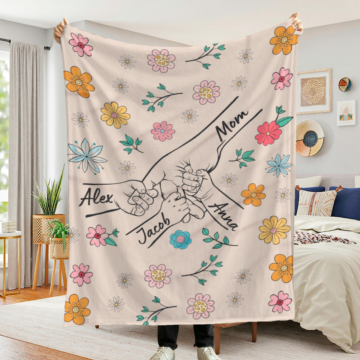 Personalized Mom Blanket, Mom Holding Kid's Hands, Mother's gift, Blanket with kids names, Family Blanket