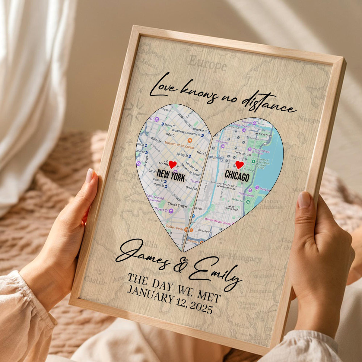 Love Knows No Distance The Day We Met Canvas, State to State Personalized Map Poster, Long Distance Map Print