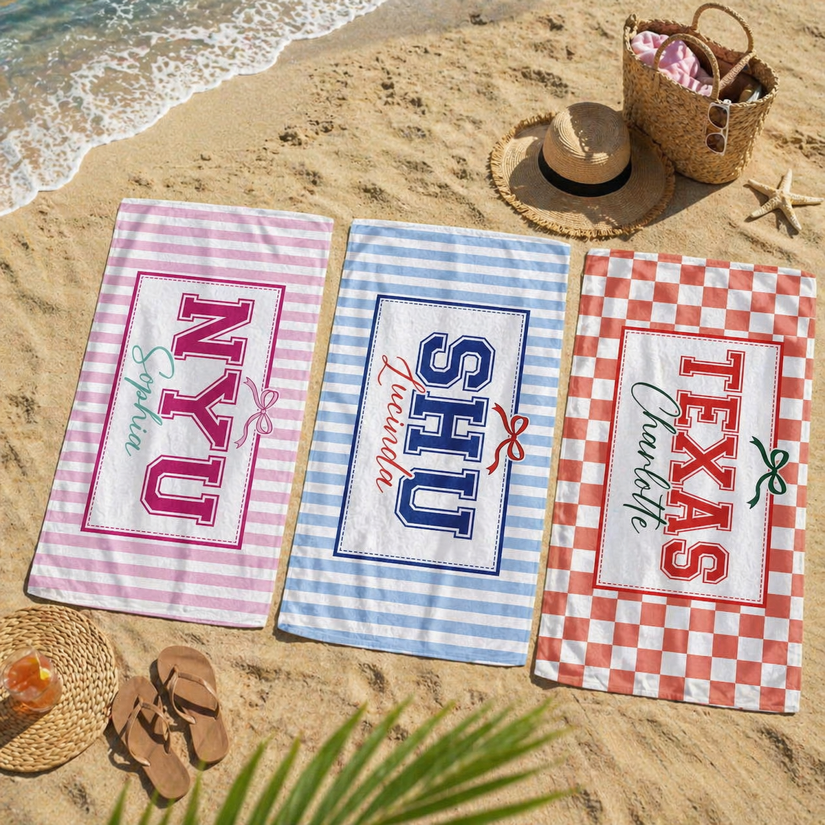 Personalized Coquette School Striped Beach Towel: College University Pride Spirit Gift, High School Graduation Gift, Class Of 2026 Gift