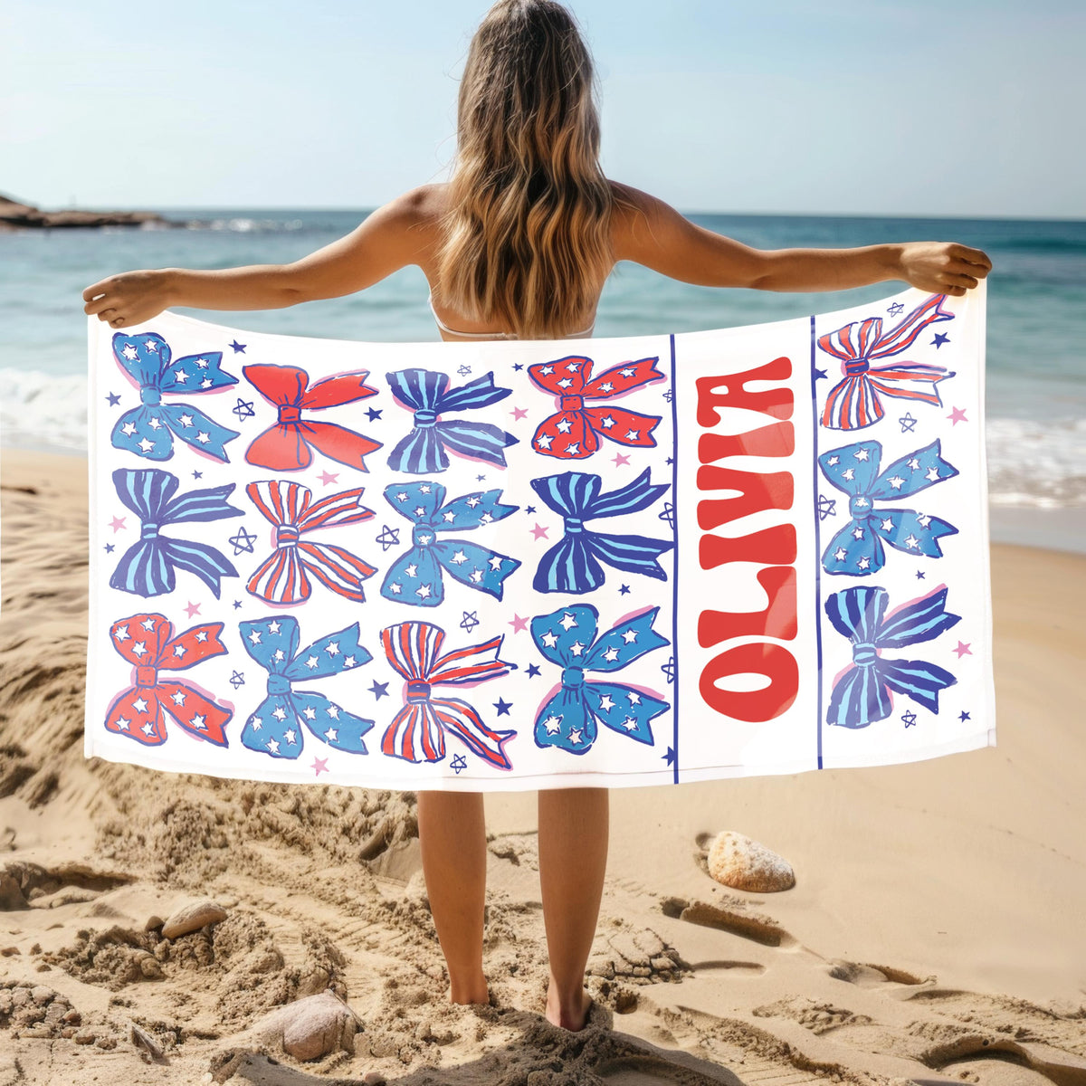 Personalized Patriotic Bow Beach Towel, Custom Name USA Stars & Stripes Design, 4th of July Summer Gift for Girls, Red White Blue Towel