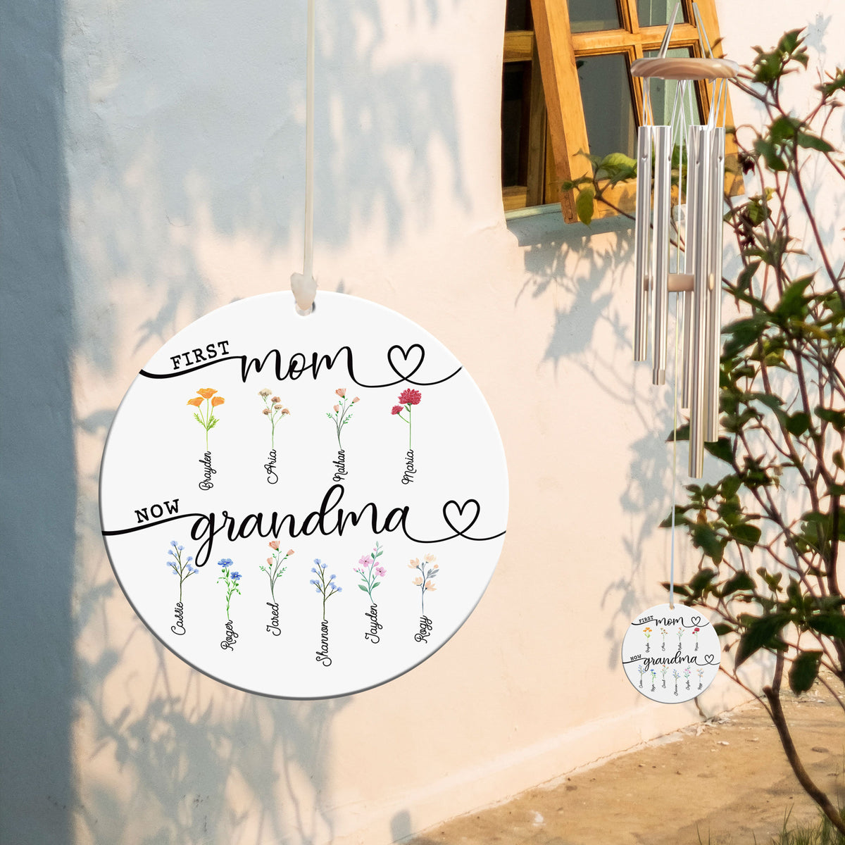 Personalized Grandma's Wind Chime, First Mom Now Grandma, Kid Name With Floral Sign, Grandma Gift Chime, Gift for Grandma, Home Decor