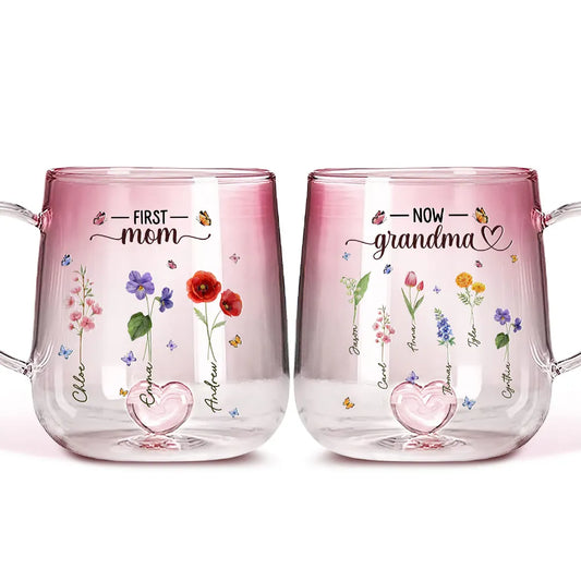 First Mom Now Grandma Flower - Personalized Gradient Glass Mug - Gift For Mom, Grandma