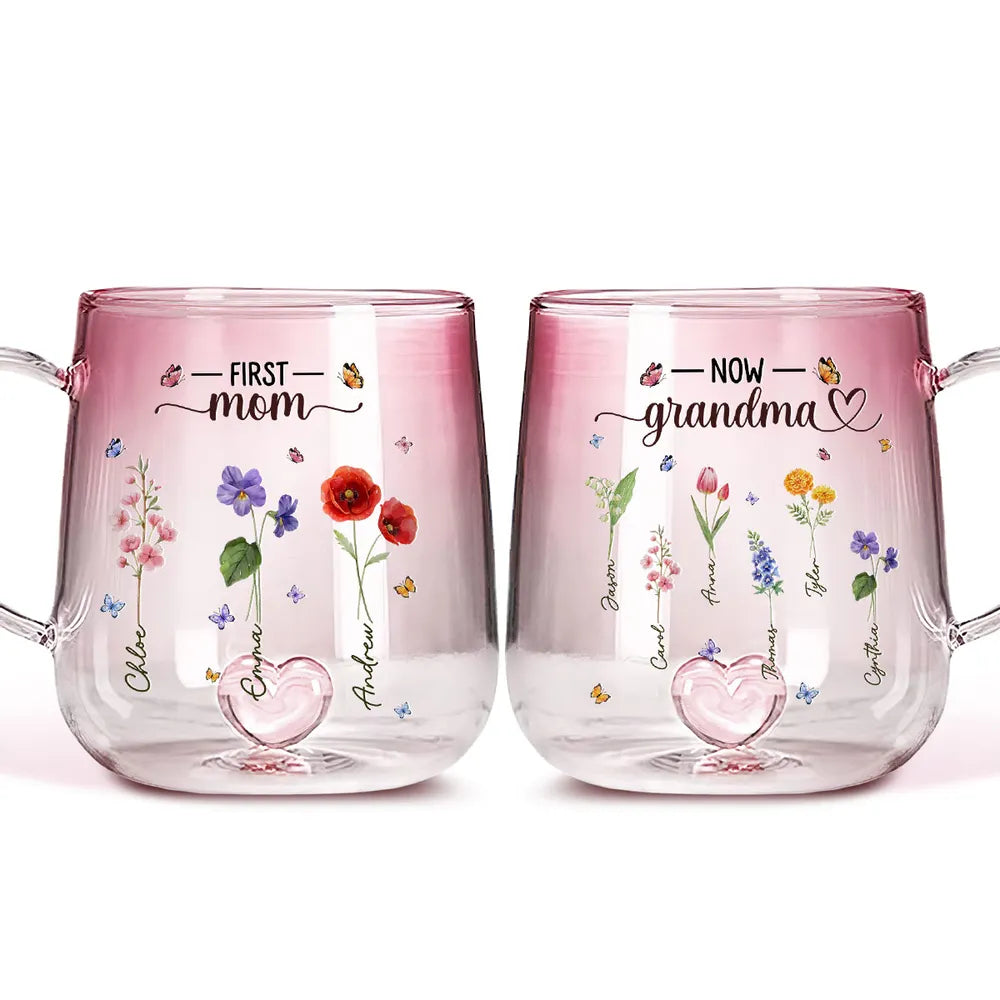 First Mom Now Grandma Flower - Personalized Gradient Glass Mug - Gift For Mom, Grandma