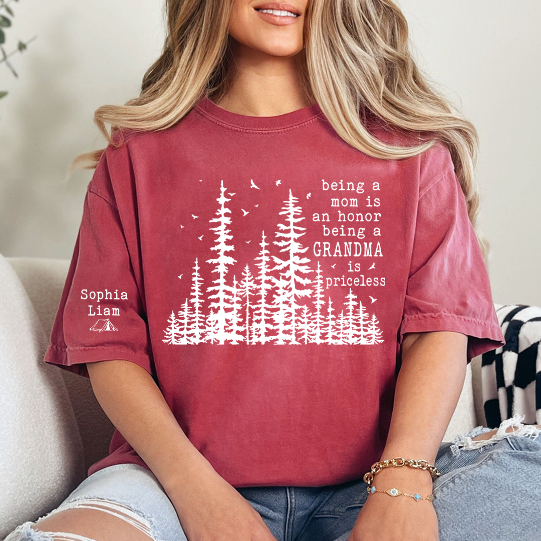 Being a Mom Is an Honor Being a Grandma Is Priceless Shirt, Personalized Grandma Shirt with Grandkids Names, Nature Lover Tee