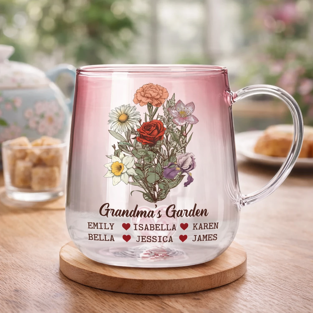 Grandma's Flower Bouquet - Personalized Pink Gradient Glass Mug - Gift For Grandma, Mom, Mother's Day Gift