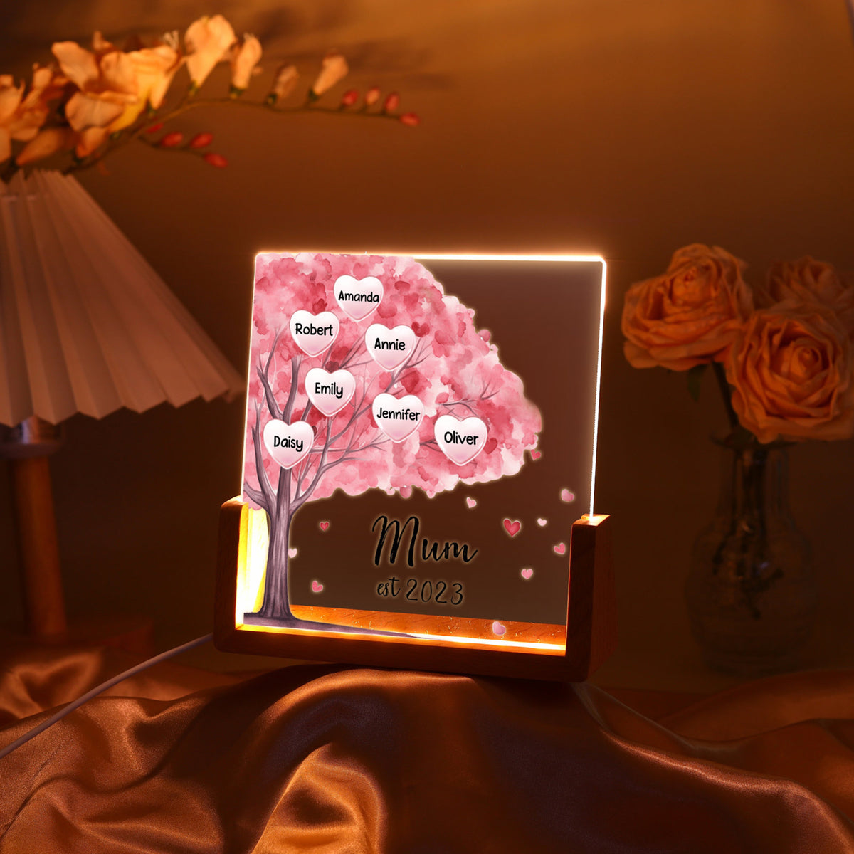 Pink Tree With Kids Name - Personalized Desk Name Plate - Mother's Day Gift For Mom, Grandma