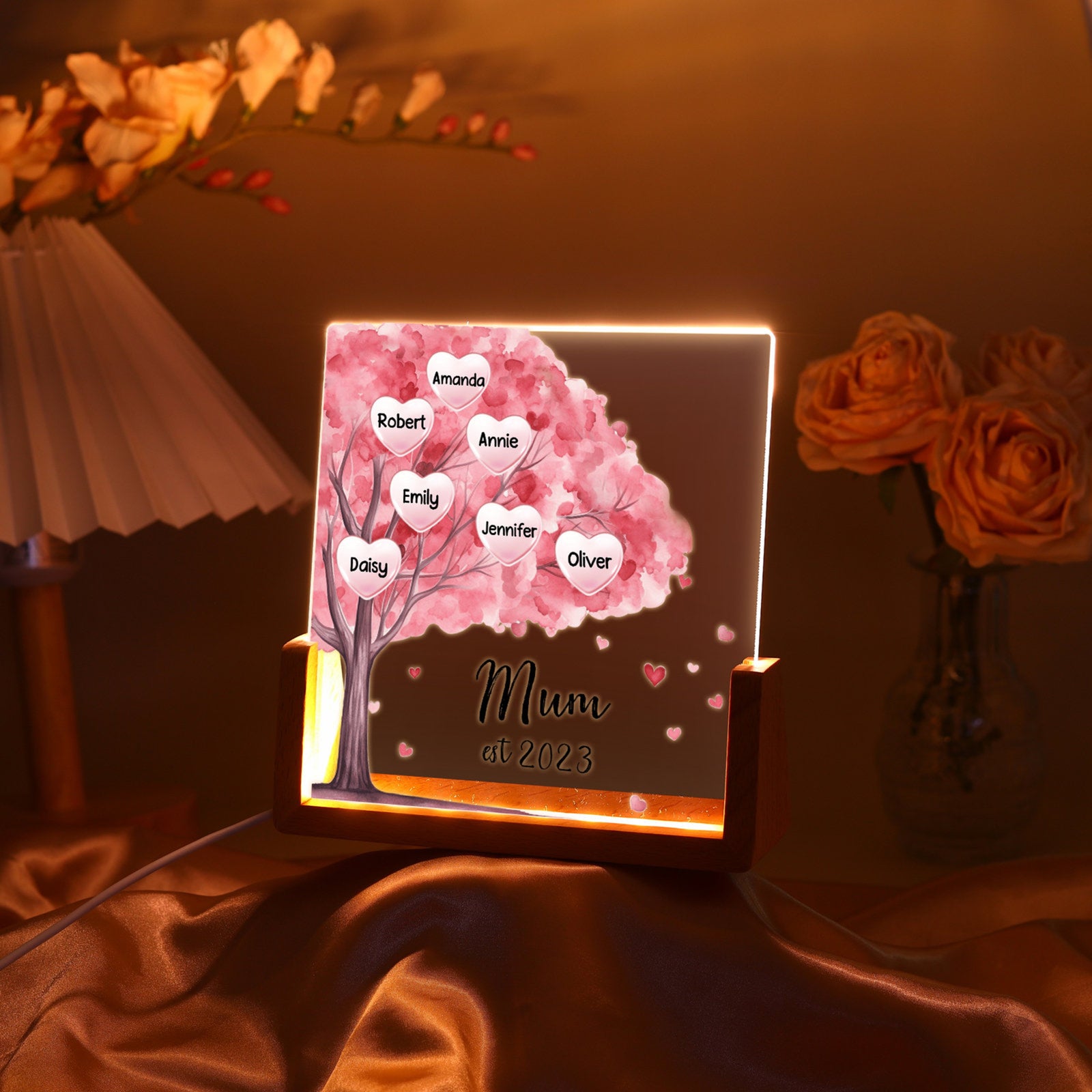 Pink Tree With Kids Name - Personalized Desk Name Plate - Mother's Day Gift For Mom, Grandma