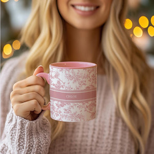Personalized Name Mug Pink Toile Design, Custom Coffee Cup, Elegant Vintage Inspired Gift for Her, Bridal Party Favor, Teen Girl