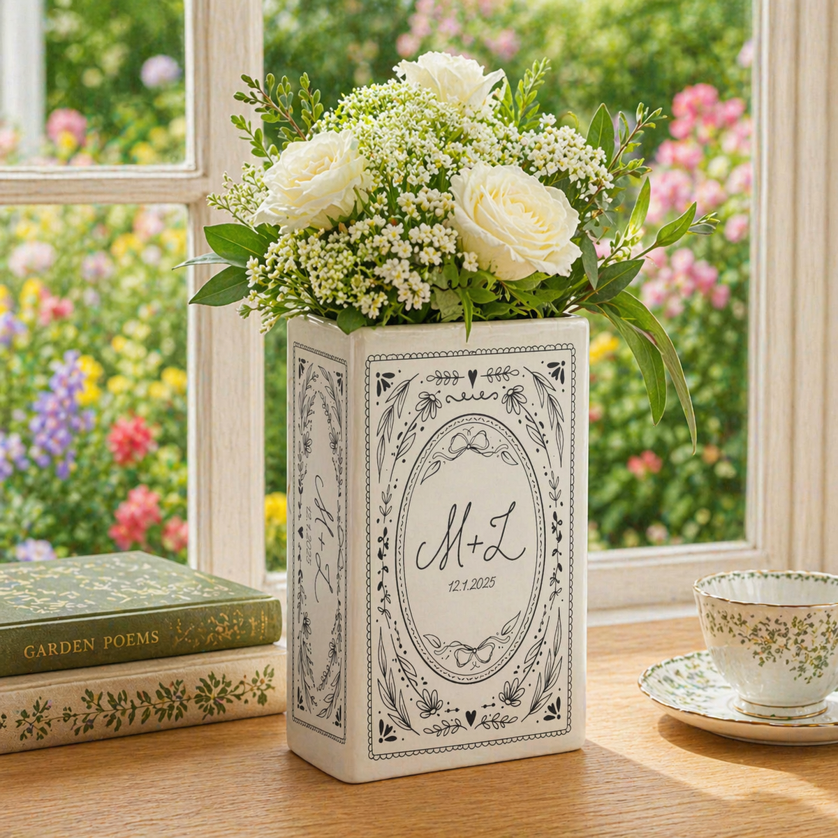 Custom Couple Initials Vase, Personalized Book Vase, Bookshelf Decor, Reading Room Flower Pot, Ceramic Book Flower Vase, Toile De Jouy Decor