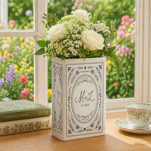 Custom Couple Initials Vase, Personalized Book Vase, Bookshelf Decor, Reading Room Flower Pot, Ceramic Book Flower Vase, Toile De Jouy Decor