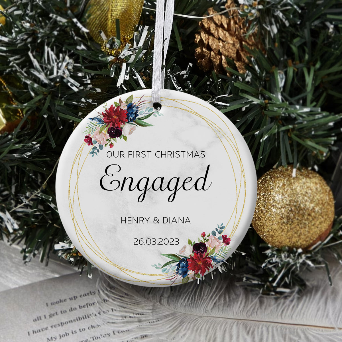 First Christmas Engaged Tropical Flowers - Personalized Ornament - Christmas Gift