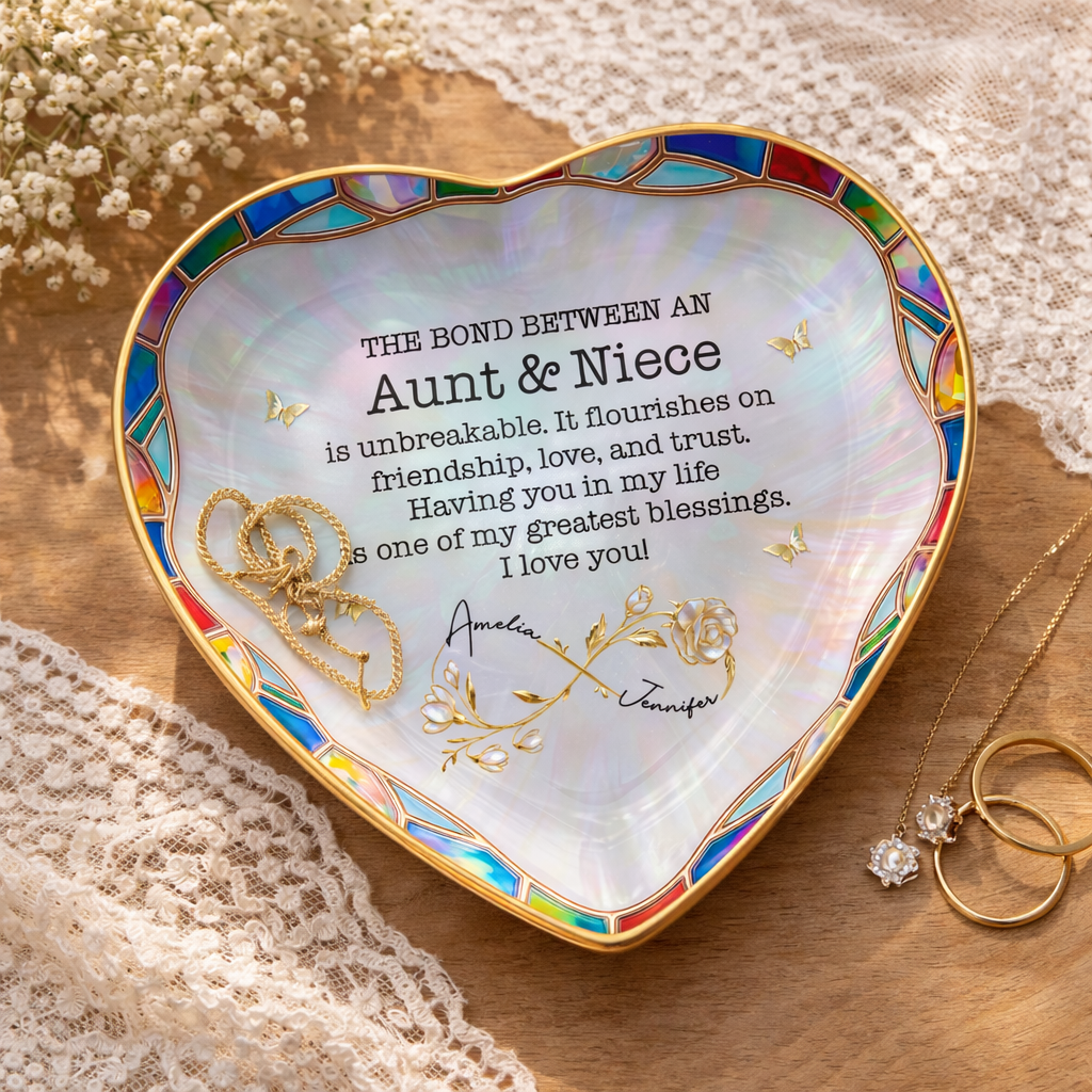 Aunt & Niece Bond - Personalized Heart-Shaped Jewelry Dish - Keepsake Gift with Names & Message