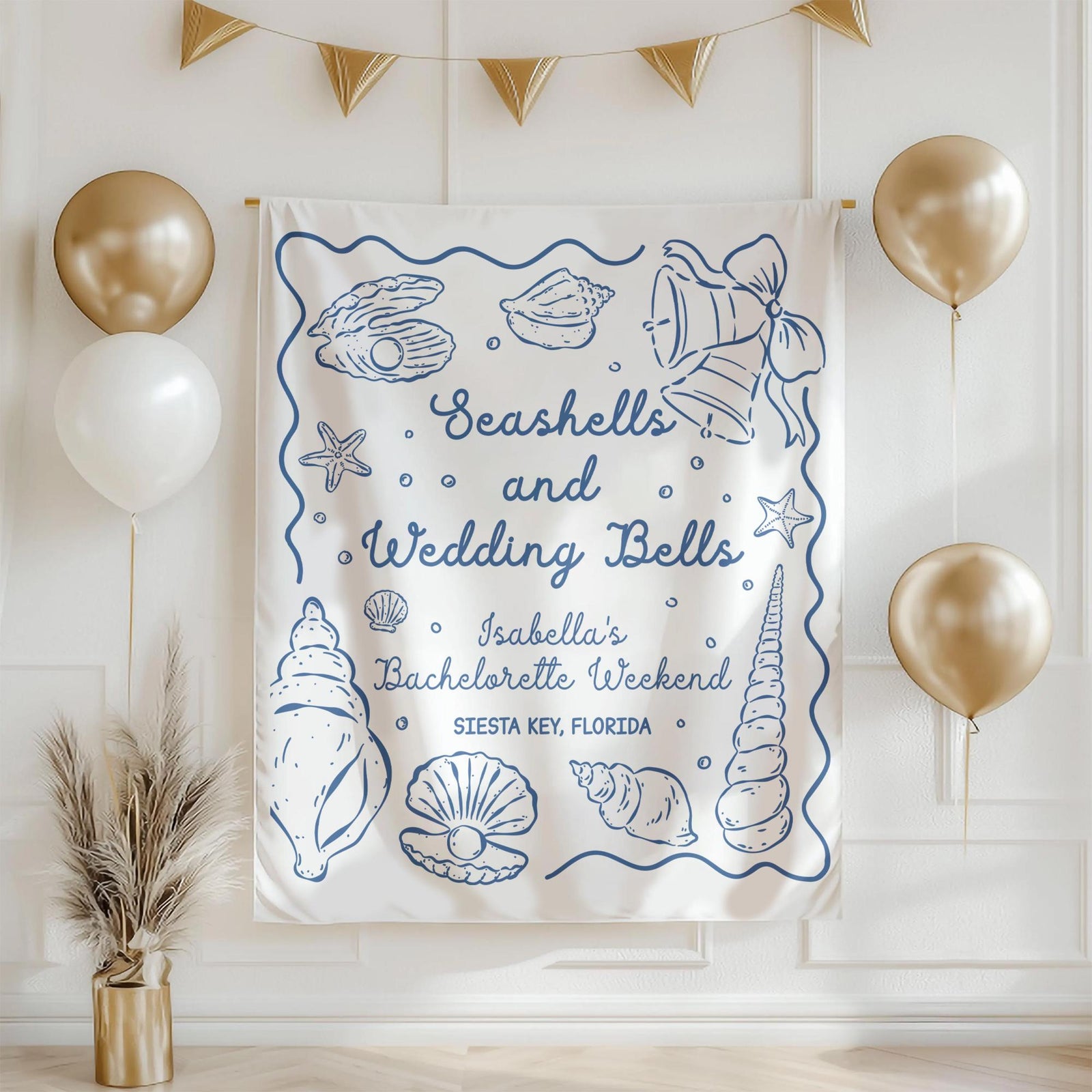 Personalized Bachelorette Party Decor, Wedding Bells and Seashells Banner, Beach Bachelorette Decorations, Coastal Bachelorette Backdrop