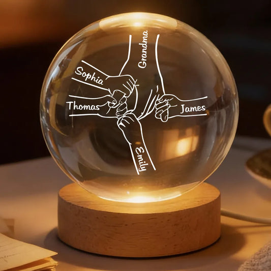 Grandma Mom And Kids Holding Hands - Personalized Crystal Ball LED Light - Gift For Grandma, Mom
