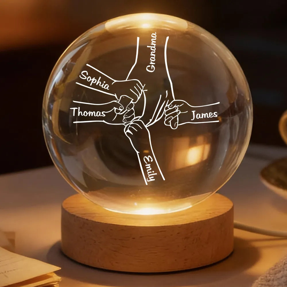 Grandma Mom And Kids Holding Hands - Personalized Crystal Ball LED Light - Gift For Grandma, Mom