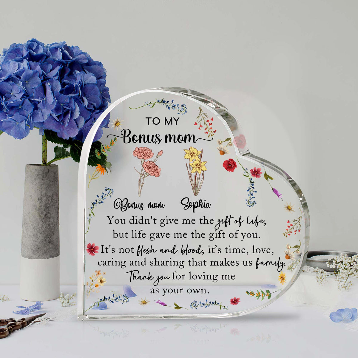 Personalized Stepmother Gift From Daughter, To My Bonus Mom Heart Acrylic Plaque, Mothers Day Gift, Birth Month Flower Gifts For Stepmom