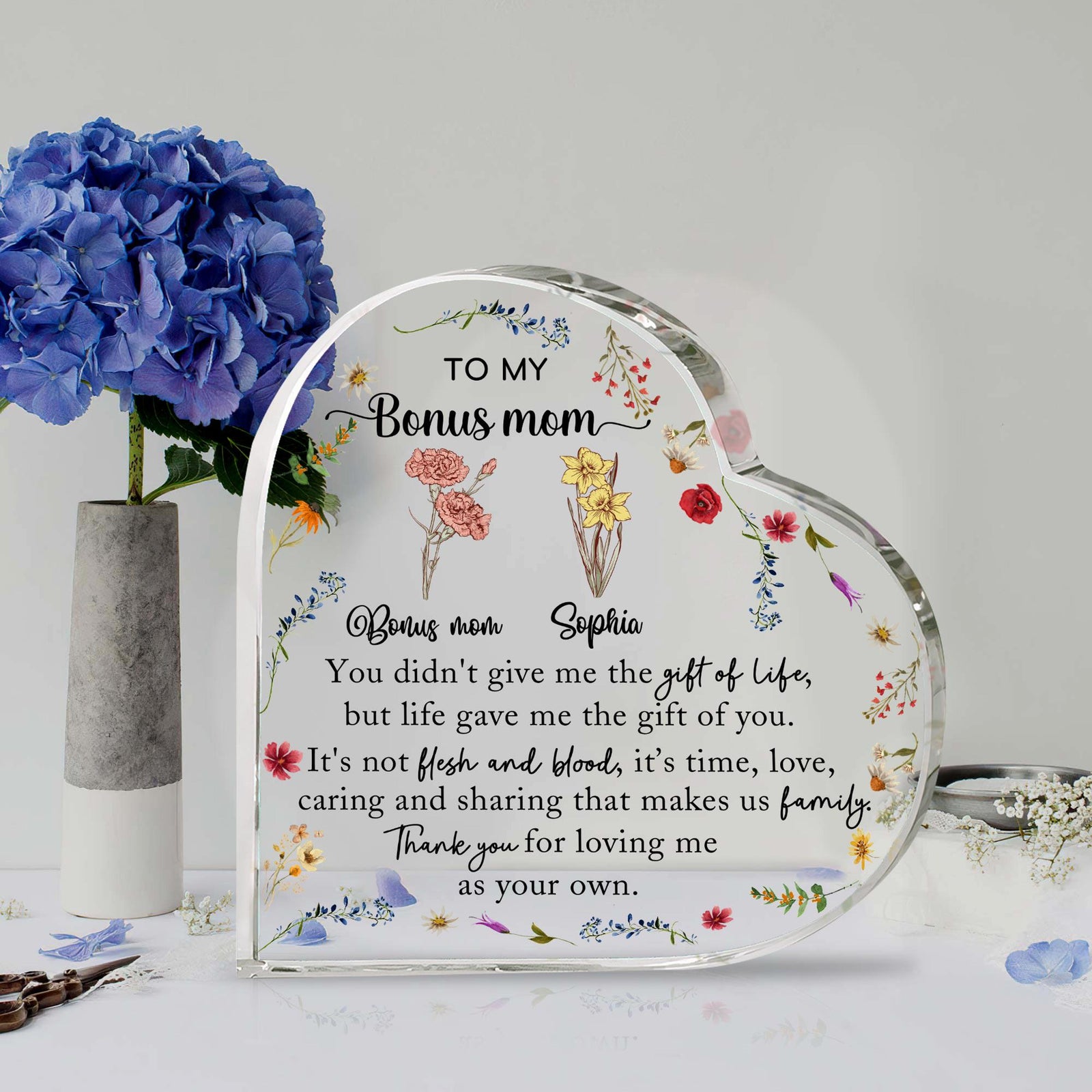 Personalized Stepmother Gift From Daughter, To My Bonus Mom Heart Acrylic Plaque, Mothers Day Gift, Birth Month Flower Gifts For Stepmom