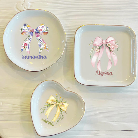 Personalized Bow Ring Dish, Watercolor Fancy Bow Ring Dish, Birthday Jewelry Dish, Wedding Bridesmaid Gift